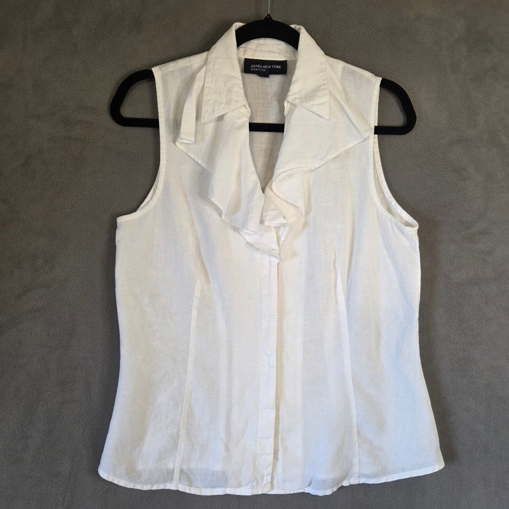 Jones New York Linen Sleeveless Top Women Small White Ruffle Coastal Old Money